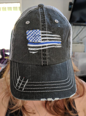 Tattered American Flag Thin Blue Line * Back the Blue *